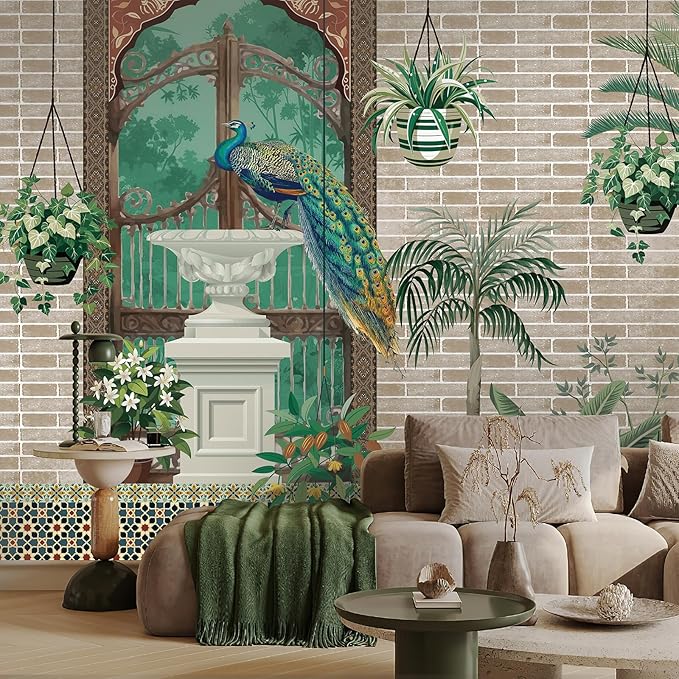 Zeeko Exotic Tropical Green Wall Mural Peel and Stick 148" W x 110" H Large Botanical Indian Garden Wallpaper with Peacock Self-Adhesive Canvas Mural for Living Room Accent Wall Bathroom