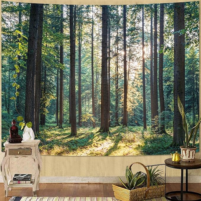 Zussun Nature Forest Tapestry Green Woodland Tree Wall Tapestry for Bedroom Aesthetic Sunshine Landscape Small Tapestries Wall Hanging for Dorm Living Room Decor 48 x 36 Inch