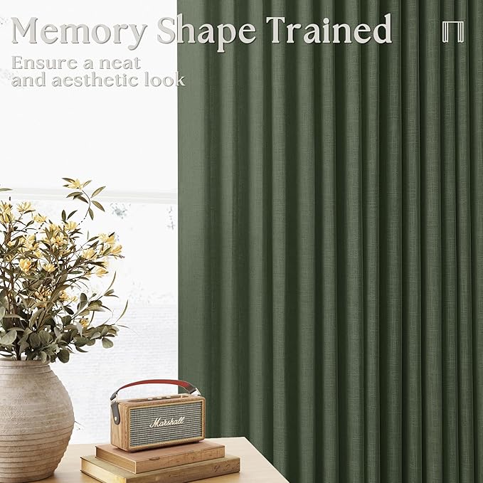 108 Inch Linen Pleated Curtains 2 Panels Set for Living Room Bedroom Farmhouse Cotton Rustic Farmhouse Back Tab Memory Trained Pinch Pleat Window Curtain Olive Green 108 Inch Length for Office 9FT