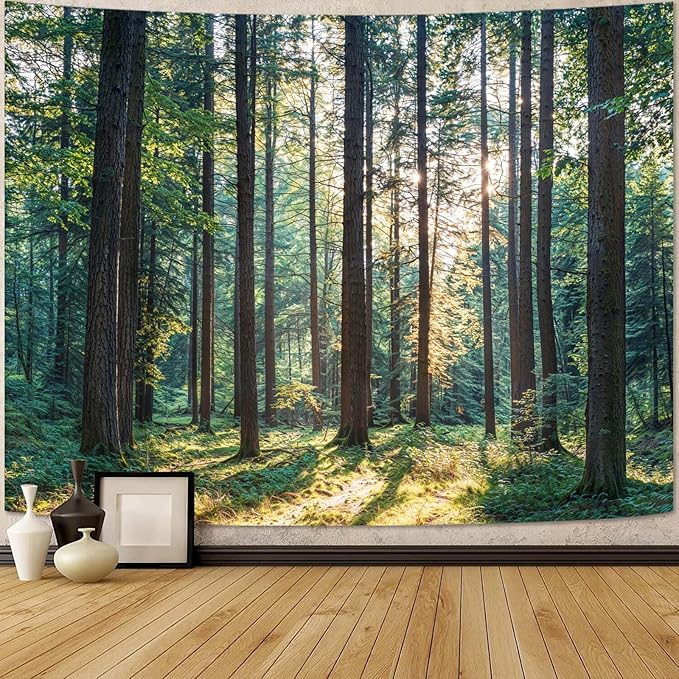 Zussun Nature Forest Tapestry Green Woodland Tree Wall Tapestry for Bedroom Aesthetic Sunshine Landscape Small Tapestries Wall Hanging for Dorm Living Room Decor 48 x 36 Inch