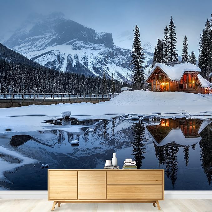wall26 - Winter Landscape with Cabin Hut at Night - Removable Wall Mural | Self-Adhesive Large Wallpaper - 100x144 inches