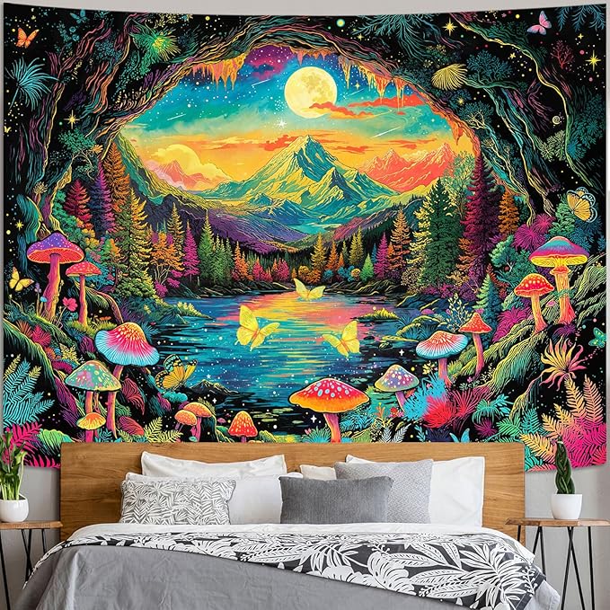 Zussun Blacklight Mushroom Forest Tapestry UV Reactive Nature Mountain Moon Butterfly Tapestry for Bedroom Aesthetic Landscape Large Tapestries Wall Hanging for Dorm Living Room Decor 80 x 60 Inch