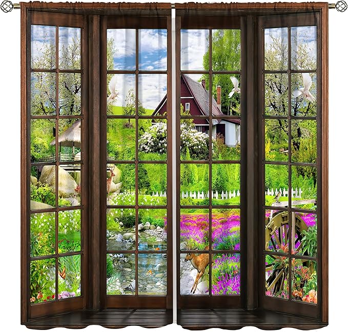 3D Landscape Curtains, Windows in Farmhouse Hut Wildlife Woods Creek Nature Landscape, Blackout Noise Reduction Curtains for Bedroom Living Room, 2 Panel Set,63X63 Inch