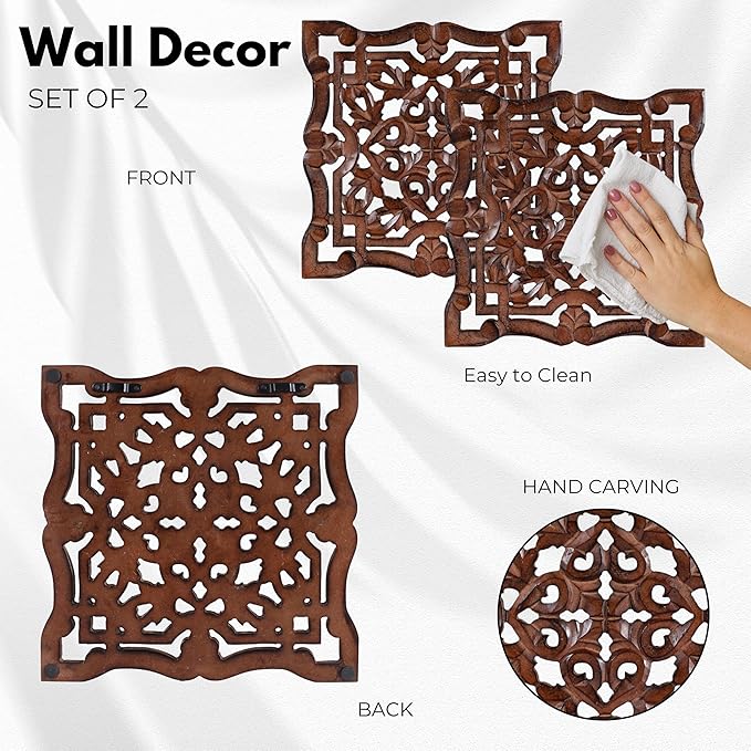 Woodify Hand-Carved Wooden Wall Décor – Set of 2, 12" x 12" Decorative Wood Panels, Floral Design, Natural Burnt Finish, Wall Art for Living Room & Home Décor