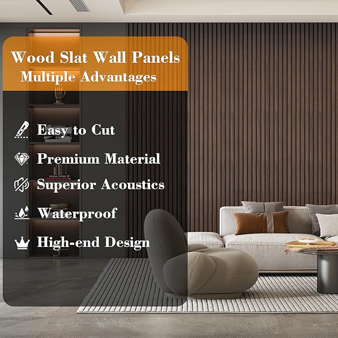 Wood Slat Panels for Wall 4-Piece 94.5" x 7.9" Soundproof Wood Slat Wall Panel for Interior Wall Decor Noise Cancelling, Acoustic Wall Panels, Sound Absorbing Panel, Walnut