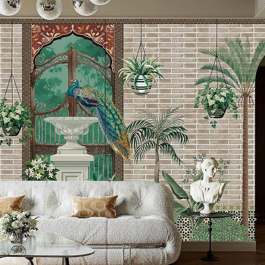 Zeeko Exotic Tropical Green Wall Mural Peel and Stick 148" W x 110" H Large Botanical Indian Garden Wallpaper with Peacock Self-Adhesive Canvas Mural for Living Room Accent Wall Bathroom