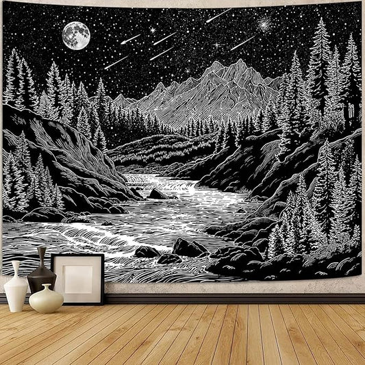 Zussun Black and White Forest Mountain Tapestry for Bedroom Aesthetic Dark Nature Pine Trees Stream Tapestries Wall Hanging Moon and Stars Wall Tapestry for Living Room Dorm 80 × 60 Inch