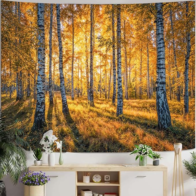 Zussun Nature Forest Fall Tapestry Autumn Birch Woodland Wall Tapestry for Bedroom Aesthetic Yellow Sunshine Landscape Small Tapestries Wall Hanging for Dorm Living Room Decor 48 x 36 Inch
