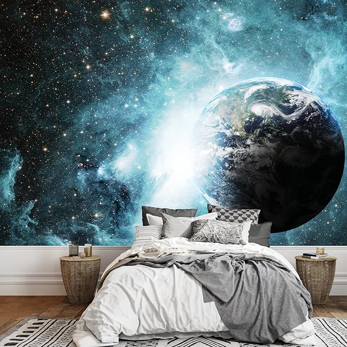 wall26 -Earth Surrounded by Shades of Blue Galaxies - Wall Mural, Removable Sticker, Home Decor - 100x144 inches