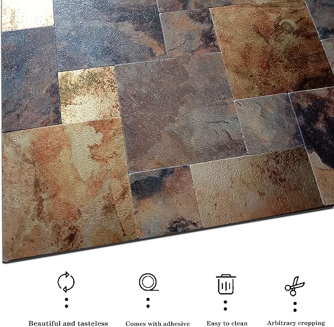 YMMXGE 5-Sheet Peel and Stick Backsplash Stone Tiles, Brushed Aluminum PVC Surface Metal Mosaic Sticker for Kitchen Wall (11.81"x11.81"Per Sheet) (5, Golden & Brown)