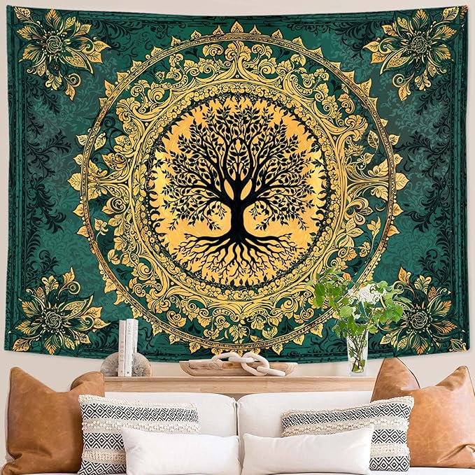 Zussun Tree of Life Tapestry Vintage Boho Mandala Tapestries for Bedroom Aesthetic Retro Bohemian Green Gold Plant Floral Flowers Leaves Tapestry Wall Hanging for Dorm Living Room 60 x 44 Inch
