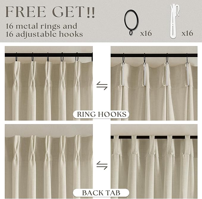 108 Inch Linen Curtains 2 Panels Set Pinch Pleated for Living Room Bedroom Memory Training Shaped Semi Sheer Neutral Beige Tan Flax Burlap Pleat Drapes Hooks Rings Light Filtering Window Curtain