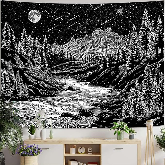 Zussun Black and White Forest Mountain Tapestry for Bedroom Aesthetic Dark Nature Pine Trees Stream Tapestries Wall Hanging Moon and Stars Wall Tapestry for Living Room Dorm 60 × 44 Inch