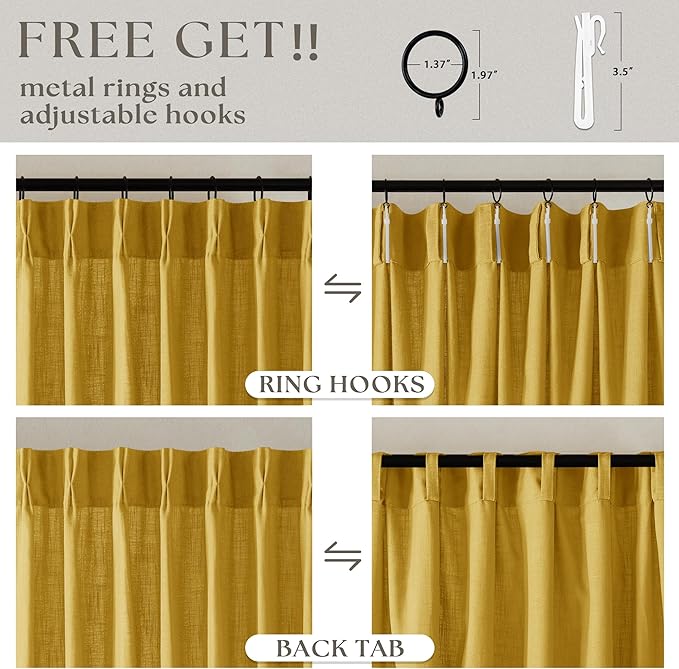 80 Inch Pinch Pleated Linen Curtains 2 Panels for Living Room Bedroom Boho Farmhouse Mustard Yellow Semi Sheer Back Tab Pinch Pleat Hooks Rings Window Curtain Harvest Gold Yellow Spring Decor