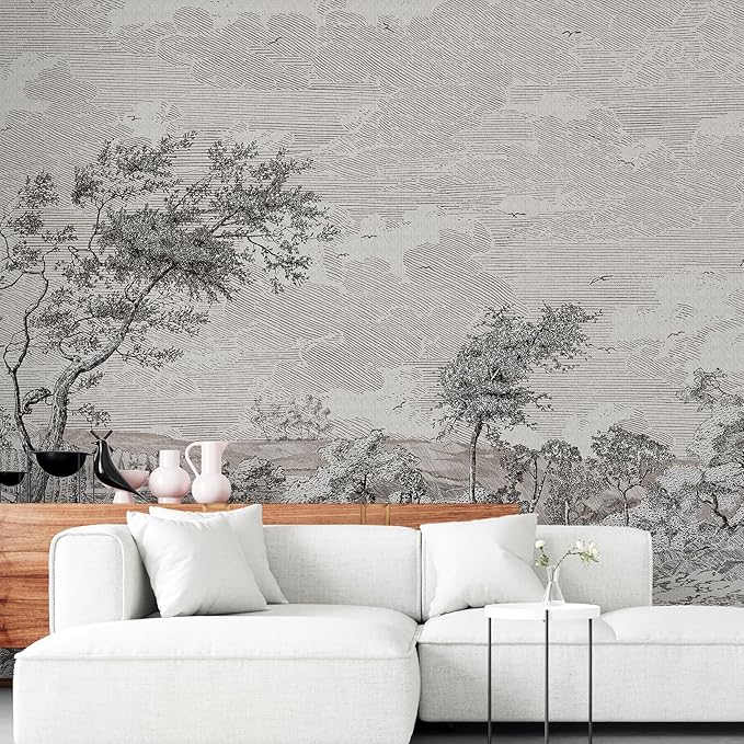 Zeeko Vintage Forest Nature Wall Mural Peel and Stick (148" W x 110" H) Gray Trees Woodland Mural Wallpaper Self-Adhesive Wallpaper for Bedroom Living Room Canvas Wall Paintings