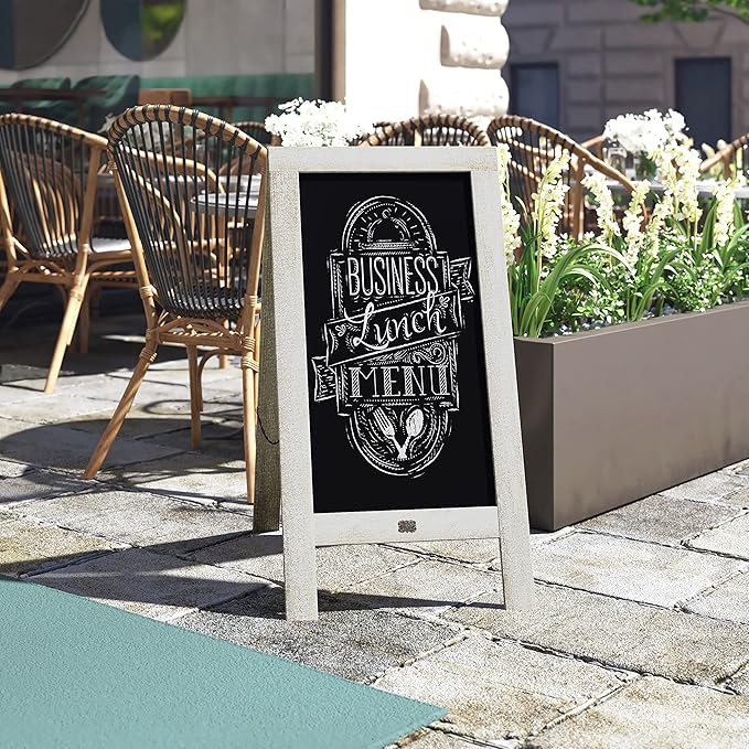 A Frame Chalkboard with Chalk Markers by HBCY Creations: 40x20 Solid Wood A-Frame Sign Lightwash Double-Sided Magentic Menu Board, Deluxe Set Includes 8 Chalk Markers, 10 Stencils, 2 Magnets