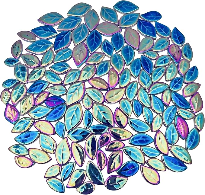 500g/1.1lb Leaf-Shaped Ceramic Mosaic Tiles,Ceramic Mosaic Pieces for Crafts,Mosaic Tiles for Home Decoration or DIY Crafts,Mosaic Making Supplies. (Iridescent Royal Blue)