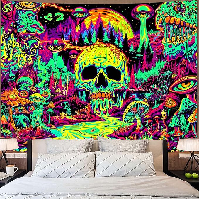 Zussun Blacklight Hippie Skull Mushroom Tapestry for Bedroom Aesthetic Hippy Forest Skeleton Monster Tapestries Wall Hanging Glow in The Dark Wall Tapestry for Living Room Dorm 80 × 60 Inch