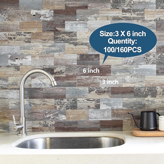Yipscazo Peel and Stick backsplash 3 x 6 Inches 3D PVC Composite Wall Tile Stick on Backsplash Tile for Kitchen Bathroom, Laundry Room, Fireplace(Wood, 160 Pieces)