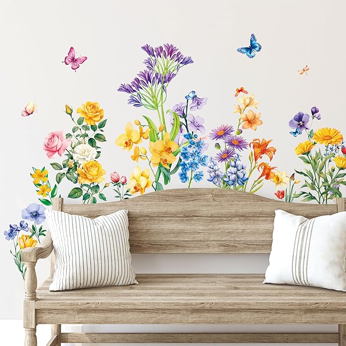 113 PCS Flower Wall Decals, Self-Adhesive Vinyl Wall Stickers, Wildflower, Butterfly & Dragonfly Stickers, Colorful Design Safe for Wall, Window, Door, Room Decor