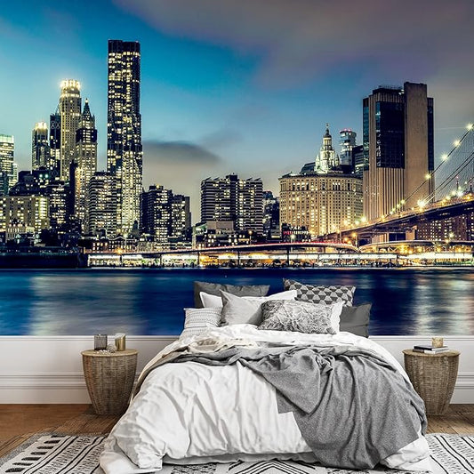 wall26 Removable Wall Sticker Wall Mural New York City Harbor Neon Lights Cityscape Landmarks Photography Realism Urban Landscape Decorative Colorful for Living Room, Bedroom, Office - 66x96 inches