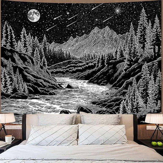 Zussun Black and White Forest Mountain Tapestry for Bedroom Aesthetic Dark Nature Pine Trees Stream Tapestries Wall Hanging Moon and Stars Wall Tapestry for Living Room Dorm 60 × 44 Inch
