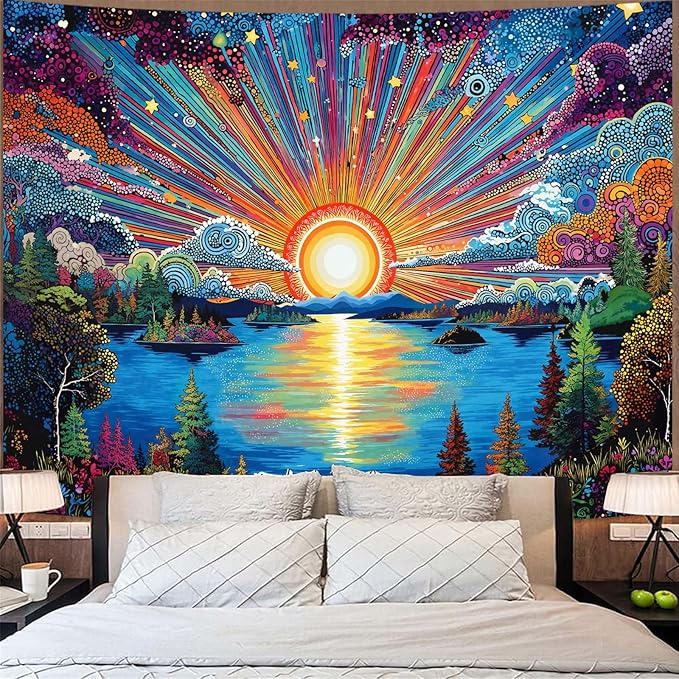 Zussun Hippie Sun Tapestry Boho Vintage Sunrise Nature Tree Lake Wall Tapestry for Bedroom Aesthetic Colorful Landscape Small Tapestries Wall Hanging for Dorm Living Room Decor 48 x 36 Inch