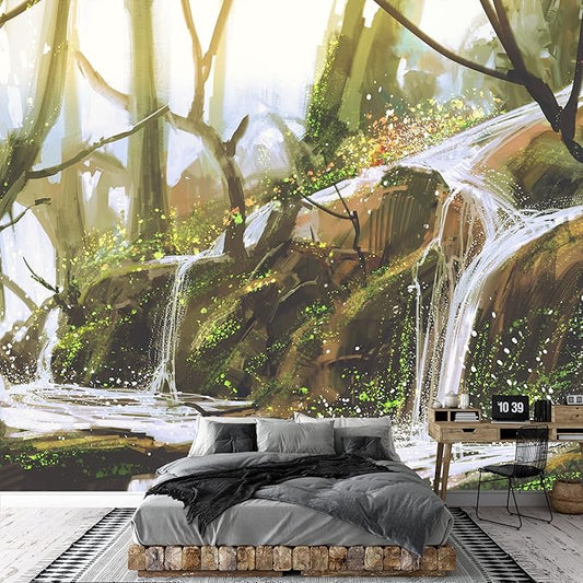 wall26 - Waterfall in Forest,Illustration Painting - Removable Wall Mural | Self-Adhesive Large Wallpaper - 66x96 inches