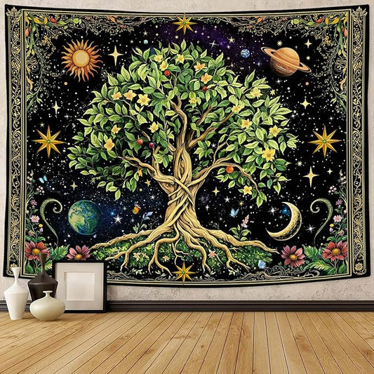 Zussun Tree of Life Tapestry Vintage Nature Green Plant Floral Flowers Celestial Tapestries for Bedroom Aesthetic Retro Sun Moon Stars Galaxy Tapestry Wall Hanging for Dorm Living Room 48 x 36 Inch