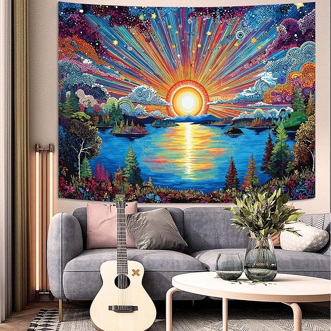 Zussun Hippie Sun Tapestry Boho Vintage Sunrise Nature Tree Lake Wall Tapestry for Bedroom Aesthetic Colorful Landscape Small Tapestries Wall Hanging for Dorm Living Room Decor 60 x 44 Inch