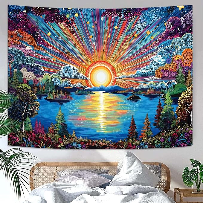 Zussun Hippie Sun Tapestry Boho Vintage Sunrise Nature Tree Lake Wall Tapestry for Bedroom Aesthetic Colorful Landscape Small Tapestries Wall Hanging for Dorm Living Room Decor 60 x 44 Inch