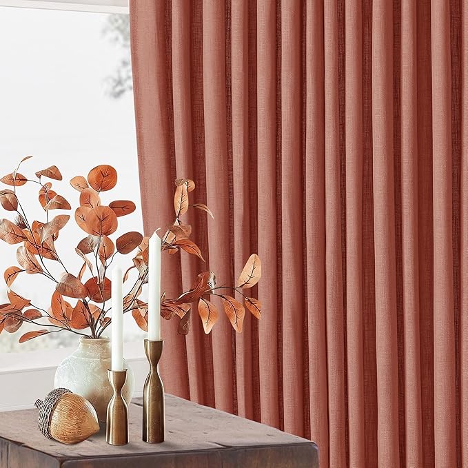 80 Inch Pinch Pleated Linen Curtains 2 Panels for Living Room Bedroom Boho Farmhouse Terracotta Semi Sheer Back Tab Pinch Pleat Hooks Rings Red Clay Window Curtain Burnt Orange Autumn Fall Decor