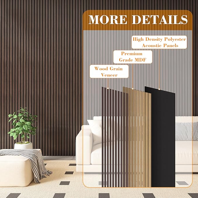 Wood Slat Panels for Wall 4-Piece 94.5" x 7.9" Soundproof Wood Slat Wall Panel for Interior Wall Decor Noise Cancelling, Acoustic Wall Panels, Sound Absorbing Panel, Walnut