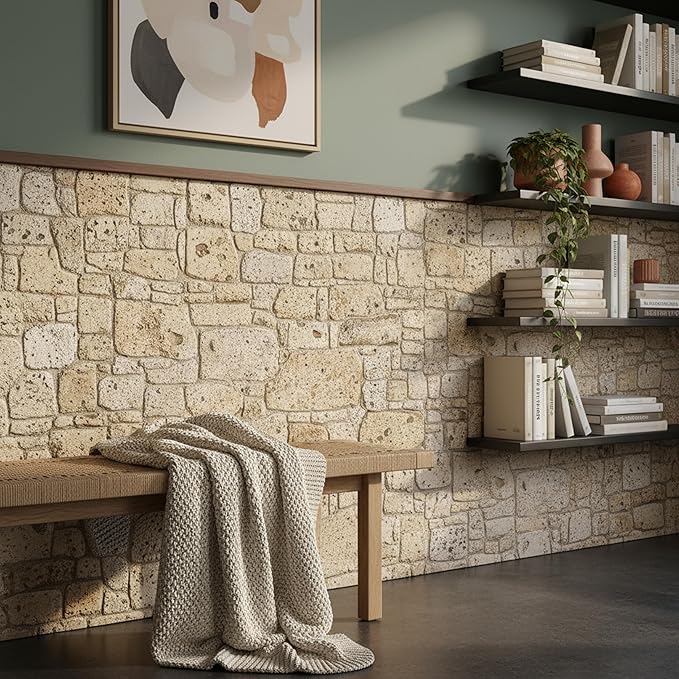 3D Faux Brick Wall Panels (2-Pack) - Easy DIY Install with Adhesive - Lightweight Styrofoam Stone Cladding for Interior & Exterior Travertine - 40"x20"