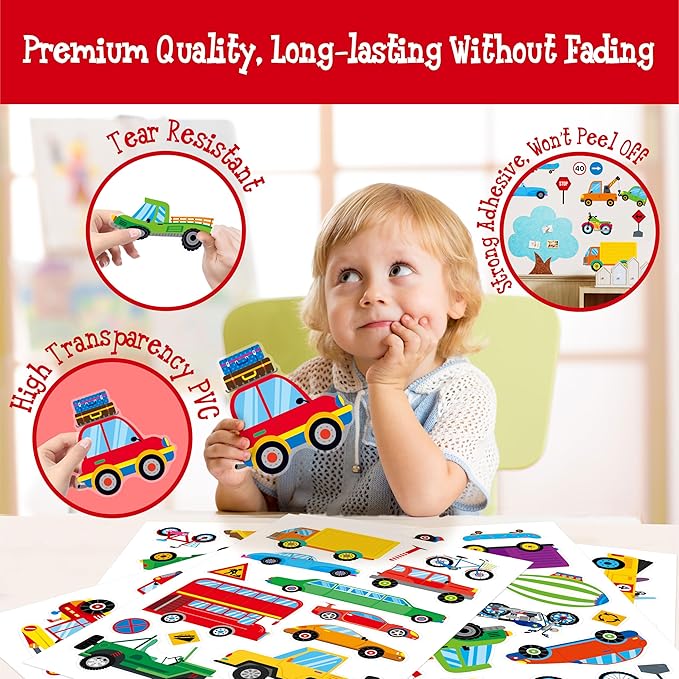 105 PCS Vehicle Wall Stickers, Self-Adhesive Vinyl Transportation Decals-Cars Buses Trucks Planes Road Signs, Colorful Wall Decors for Kids Room, Playroom, Classroom, Boys & Girls