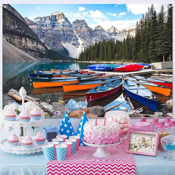 ZHXYMMS Mountain Lake Backdrop Banff National Park Lake Forest Scenery Photography Background Canadian Rockies Pine Trees Lakeside Canoe Outdoor Decorations Banner Photo Booth Studio Props 10X7ft