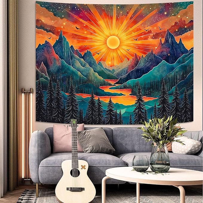 Zussun Vintage Sun Mountain Tapestry Hippie Boho Nature Forest Tree Wall Tapestry for Bedroom Aesthetic Sunset River Landscape Small Tapestries Wall Hanging for Dorm Living Room Decor 60 x 44 Inch