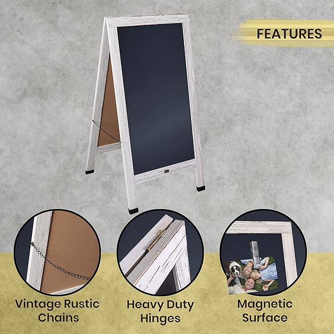 A Frame Chalkboard by HBCY Creations: 24x48 Solid Wood A-Frame Sign Whitewashed Double-Sided Magnetic Board, Chalkboard Menu Board, for Restaurants, Cafés, Weddings - Heavy Duty Hinges