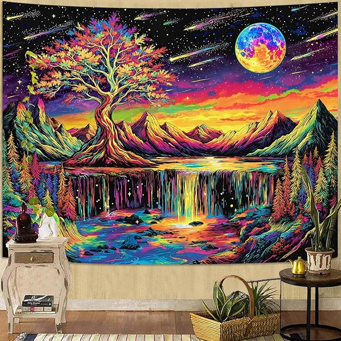 Zussun Blacklight Tree of Life Tapestry UV Reactive Moon Mountain Forest Waterfull Tapestry for Bedroom Aesthetic Nature Small Tapestries Wall Hanging for Dorm Living Room Decor 48 x 36 Inch
