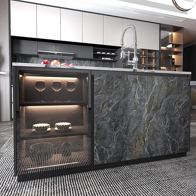 32"x591" Glossy Granite Wallpaper Peel and Stick Countertops Contact Paper Waterproof Removable Grey Gold Wall Paper for Cabinets and Drawers Self Adhesive Marble Vinyl Wallpaper for Kitchen Bathroom