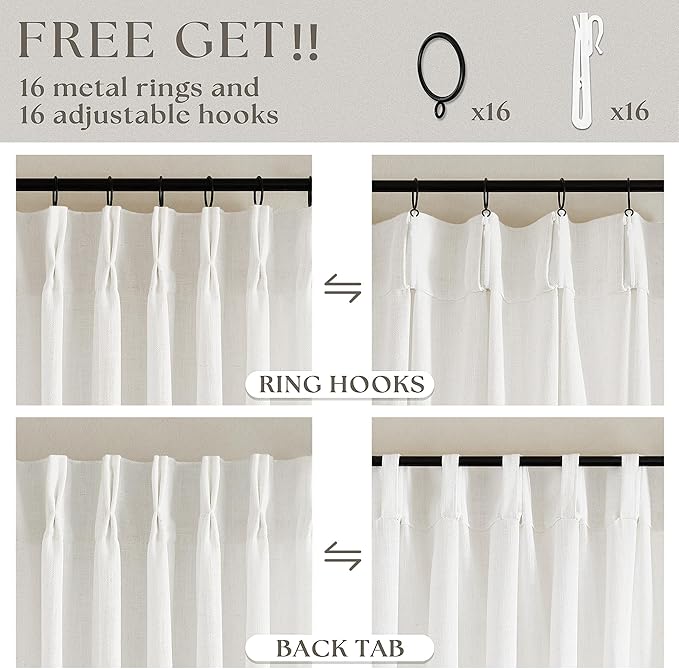 86 Inch Pinch Pleated Linen Curtains 2 Panels for Living Room Bedroom Memory Training Shaped Semi Sheer Pleat Drapes with Hooks Rings Light Filtering Window Curtain 40x86 Beige White
