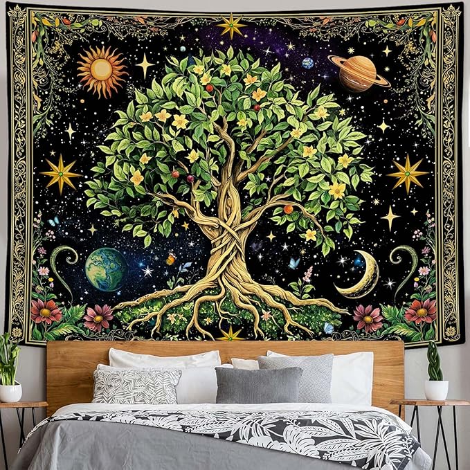 Zussun Tree of Life Tapestry Vintage Nature Green Plant Floral Flowers Celestial Tapestries for Bedroom Aesthetic Retro Sun Moon Stars Galaxy Tapestry Wall Hanging for Dorm Living Room 80 x 60 Inch