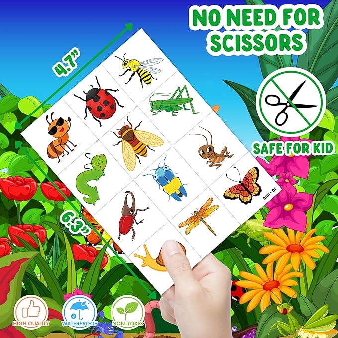 96 PCS Cute Bug Insect Pre-Cut Temporary Tattoos for Kids | Super Cute Ladybug Themed Birthday Party Favors, Supplies, Decorations, Animal Fake Tattoo Stickers, School Rewards & Gifts Boys & Girls