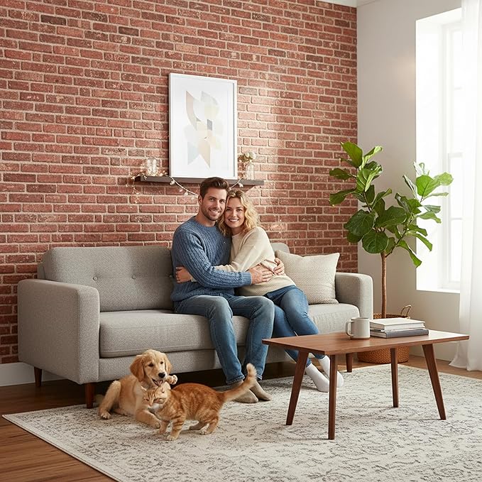 3D Faux Brick Wall Panels – Lightweight Styrofoam Cladding for Interior & Exterior Use | DIY Decorative Panels | 2 Pack (40"x20") | Ideal for Living Room, Kitchen, Outdoor Walls Vermilion