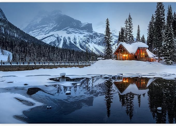 wall26 - Winter Landscape with Cabin Hut at Night - Removable Wall Mural | Self-Adhesive Large Wallpaper - 100x144 inches