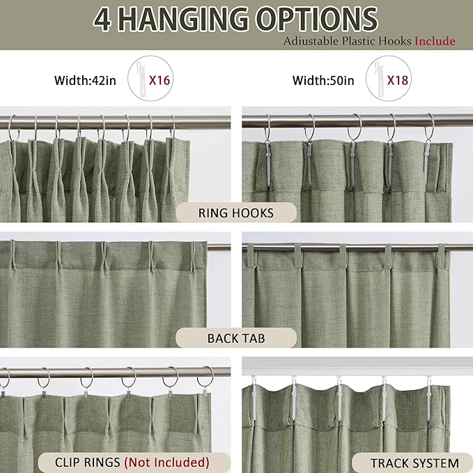102 Inch Long Curtains Pinch Pleat, Back Tab Sheer Pleated Curtains for Bedroom Dining Room,102 Length 2 Panel Set,Sage Green Color 42 Inches Wide