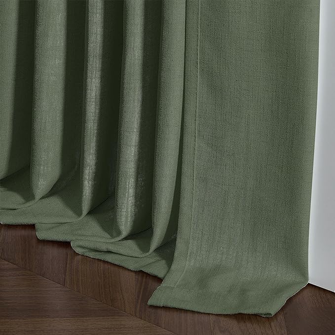 80 Inches Long Olive Green Linen Curtains for Living Room Pinch Pleat Hooks for Living Room Back Tab Thick Linen Textured Pleated Drapes Light Filtering Loden Bedroom Window Curtains 80 Inch Length