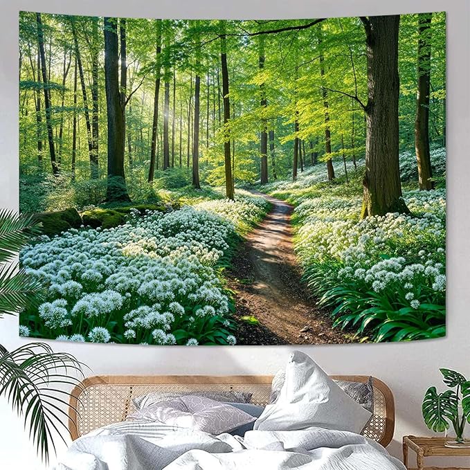 Zussun Nature Forest Tapestry Green Tree Woodland White Flower Path Tapestry for Bedroom Aesthetic Sunshine Landscape Large Tapestries Wall Hanging for Dorm Living Room Decor 80 x 60 Inch