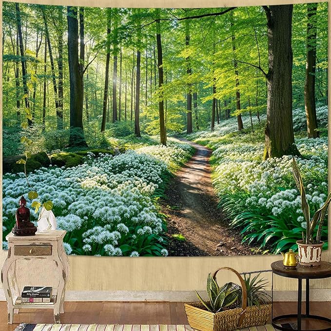 Zussun Nature Forest Tapestry Green Tree Woodland White Flower Path Tapestry for Bedroom Aesthetic Sunshine Landscape Large Tapestries Wall Hanging for Dorm Living Room Decor 80 x 60 Inch