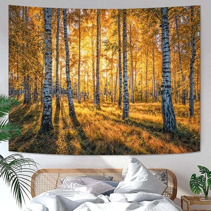 Zussun Nature Forest Fall Tapestry Autumn Birch Woodland Wall Tapestry for Bedroom Aesthetic Yellow Sunshine Landscape Large Tapestries Wall Hanging for Dorm Living Room Decor 80 x 60 Inch